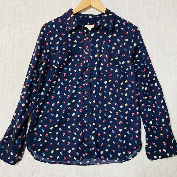 Talbots S Button Up Navy All Over Acorn Print Long Sleeve Blouse Teachercore - Picture 1 of 12